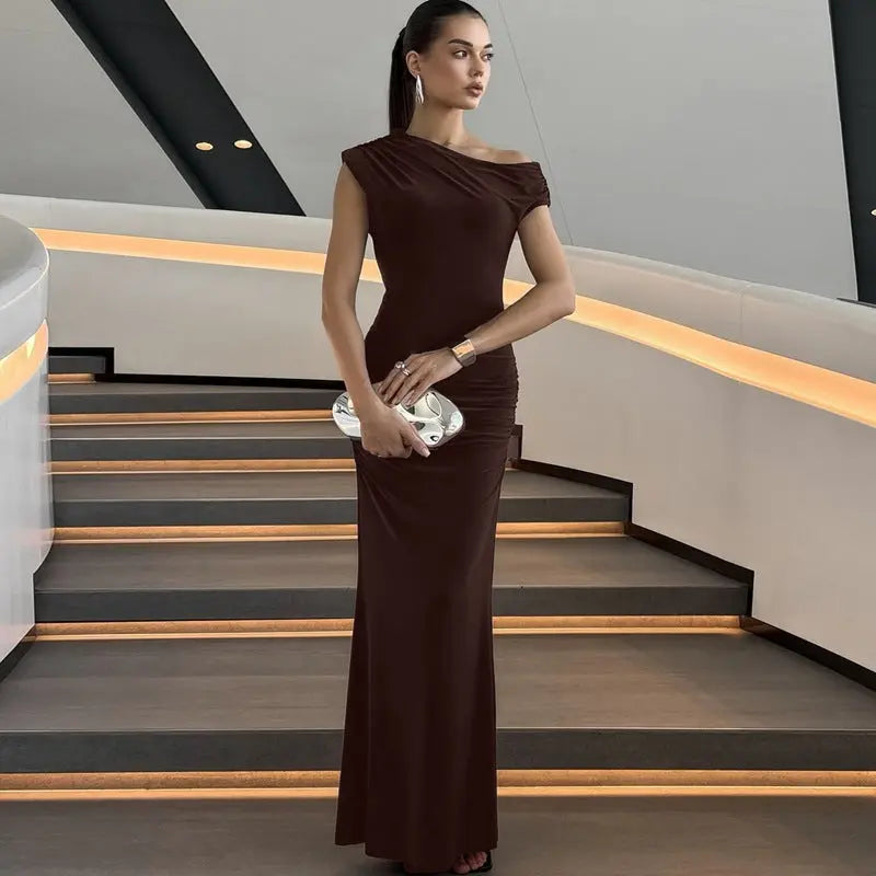 One Shoulder Sleeveless Maxi Dress Polyester Solid Color Ruched Bodycon Bella Mia