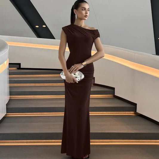 One Shoulder Sleeveless Maxi Dress Polyester Solid Color Ruched Bodycon Bella Mia