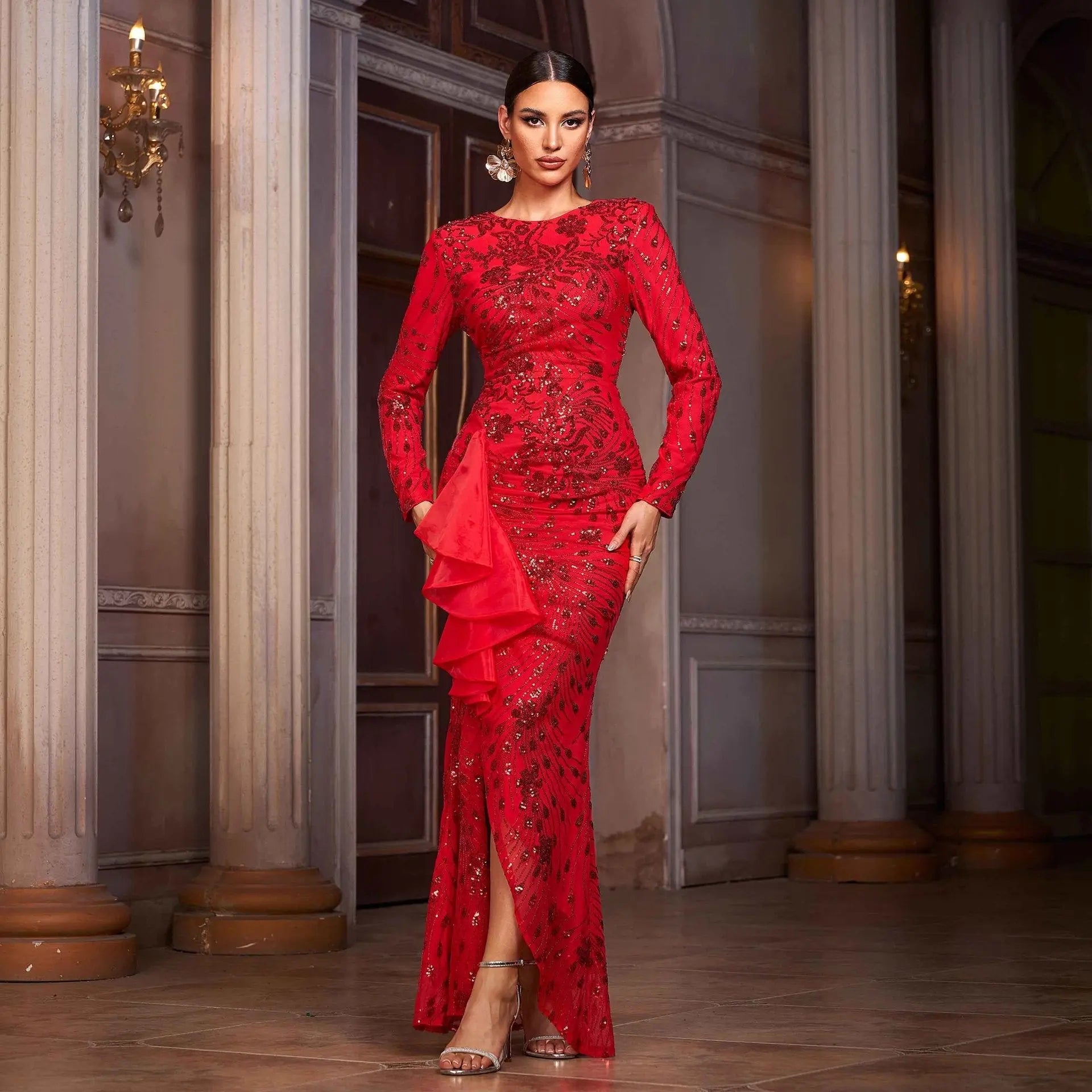 Women Clothing High End Long Sleeved round Neck Lace Cocktail Sequined Split Evening Dress Bella Mia