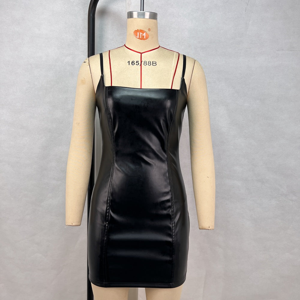 Sexy Sling Dress Women Clothing Summer Slim Hip Dress Faux Leather Bella Mia