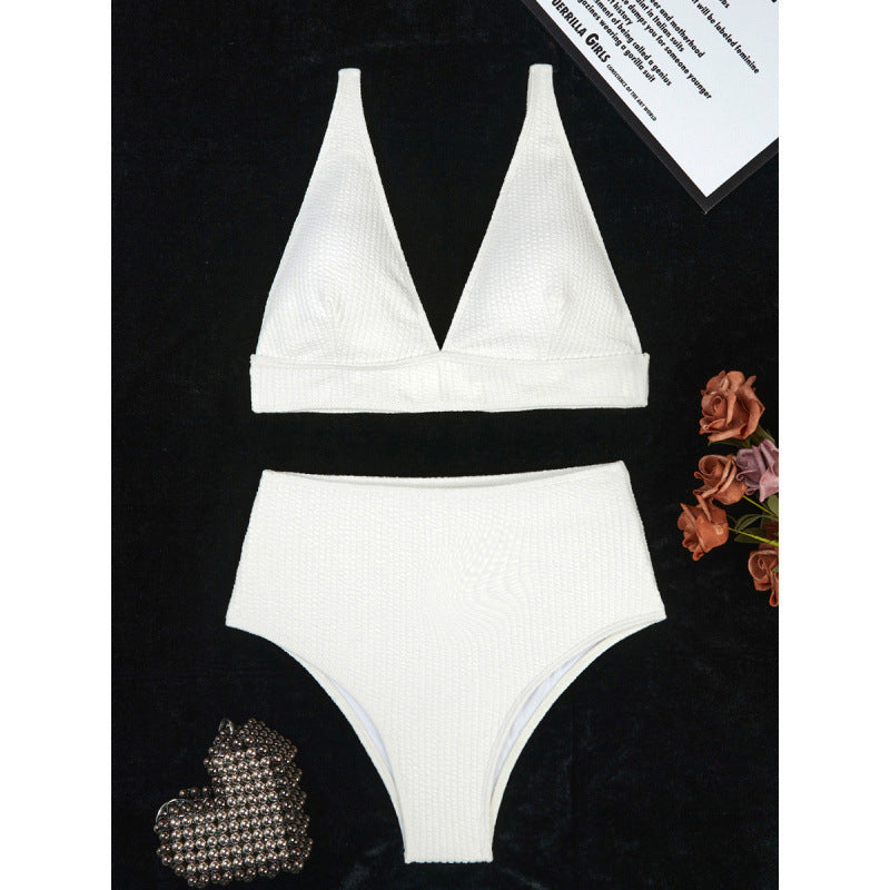 Solid Color High Waist Sunken Stripe Bikini Sexy Swimsuit Women Split Special Fabric Swimsuit