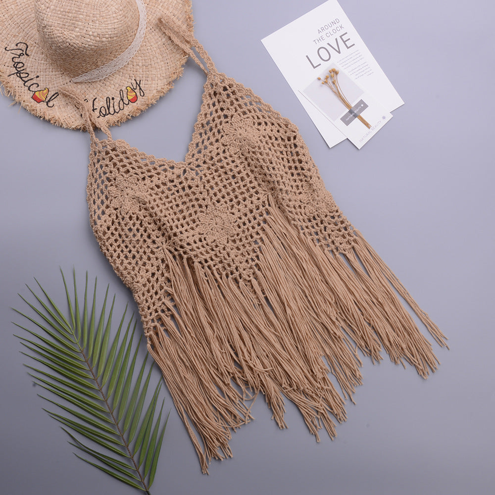 Vacation Beach Tassel Pure Hand Crocheting Woven Split Swimsuit V-neck Lace up Top Women Crochet Bella Mia