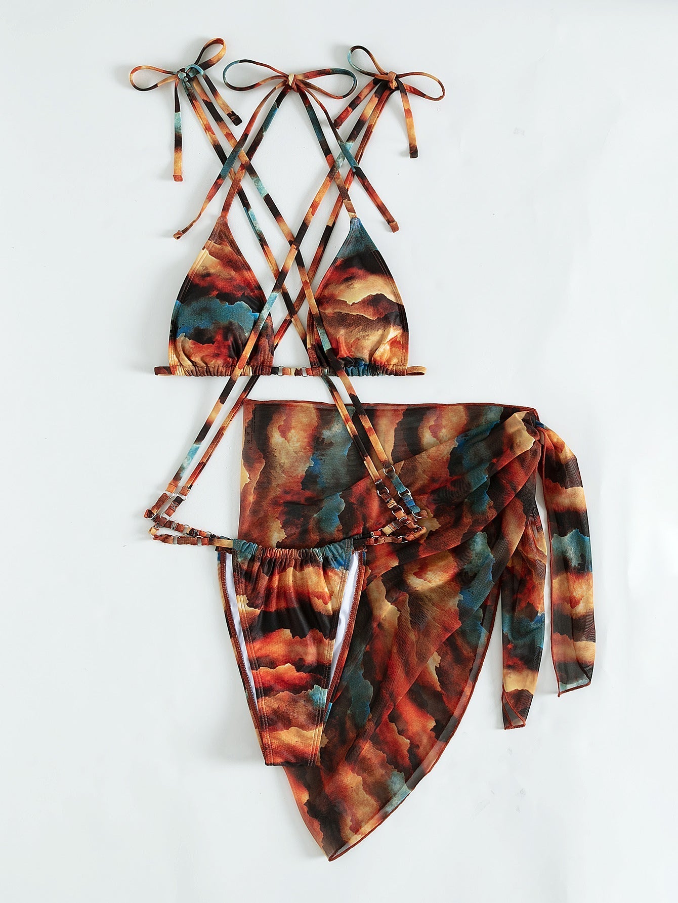 Gradient Printing Series with Net Hanfu Long Robe Sexy Three Piece Set Swimsuit Swimwear Women Bella Mia