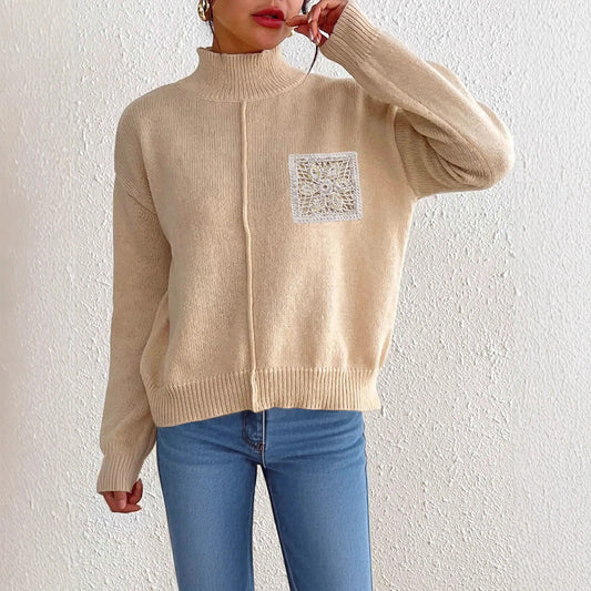 Autumn Winter Women Clothing Solid Color Half Collar Pullover Sweater Sequined Hollow Out Cutout Pocket Stitching Sweater for Women Bella Mia