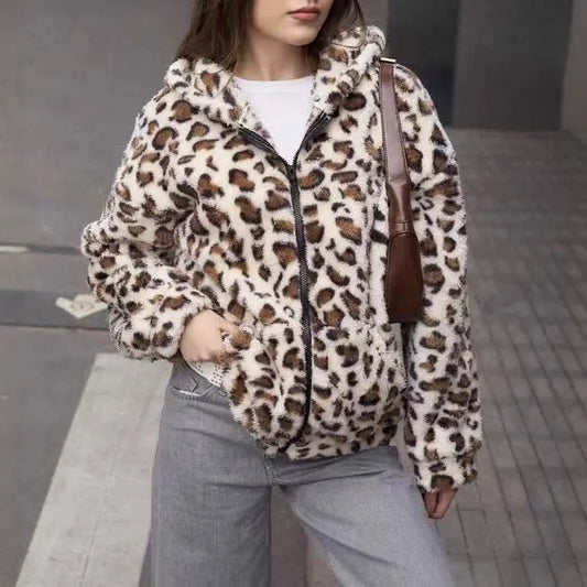 Printing Double Sided Plush Zipper Hooded Cardigan Casual Autumn Winter Women Plush Coat Bella Mia