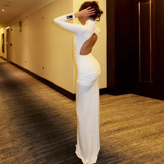 Women Clothing Autumn Solid Color Long Sleeve Slim Fit Fishtail Dress Button Backless Dress Women Bella Mia