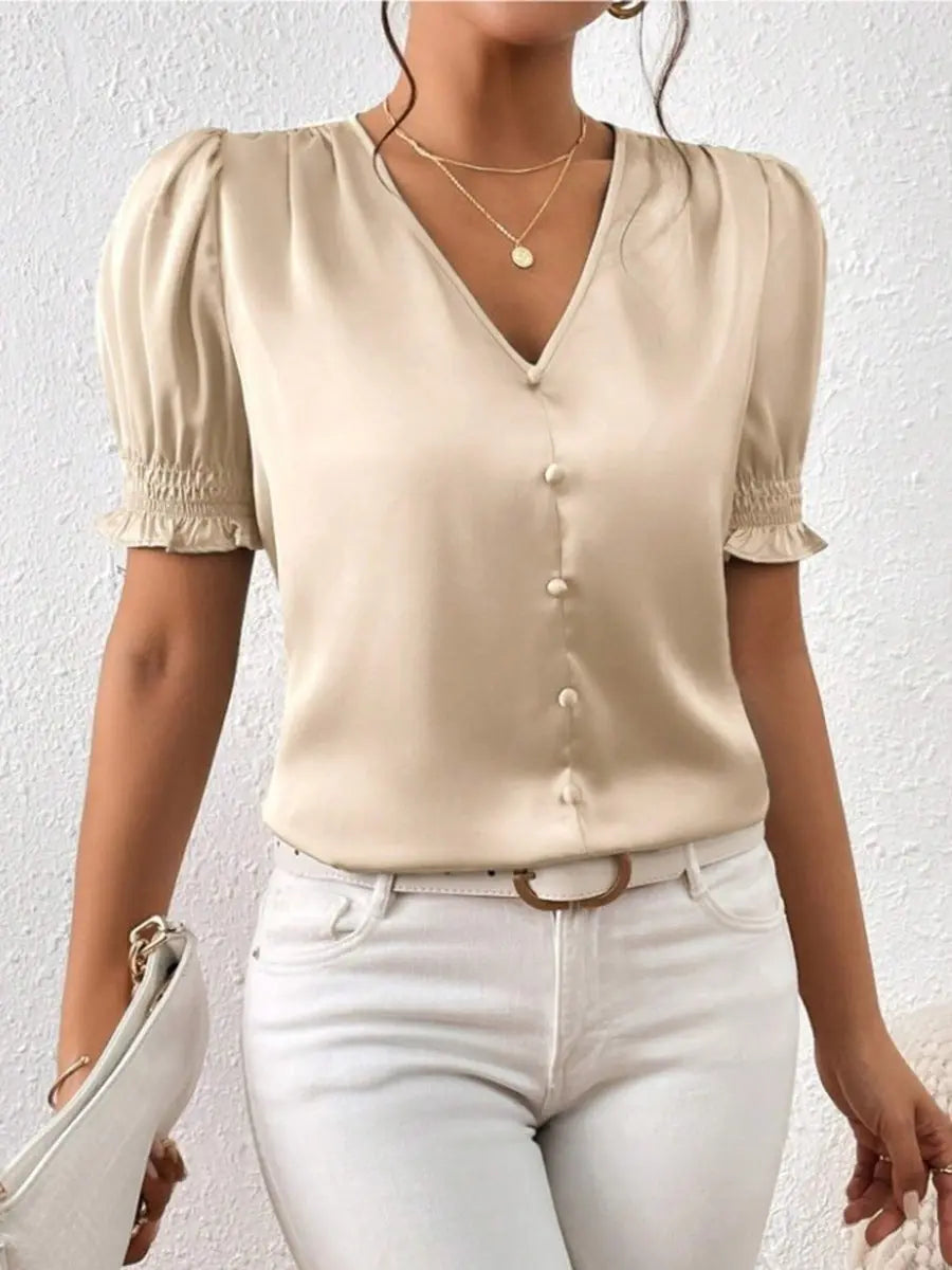 Satin V neck Buttons Shirt Spring Autumn French Casual Short Sleeve Ruffle Blouse Bella Mia