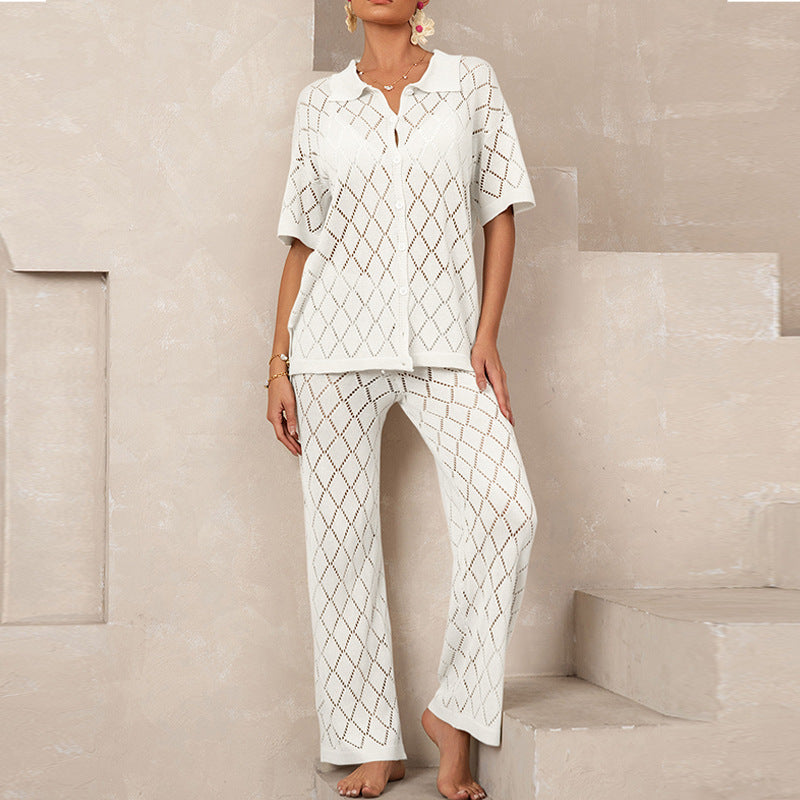 Beach Short Sleeved Shirt Trousers Hollow Out Cutout out See through Casual Knitted Vacation Elegant Sun Protective Blouse Two Piece Sets Bella Mia