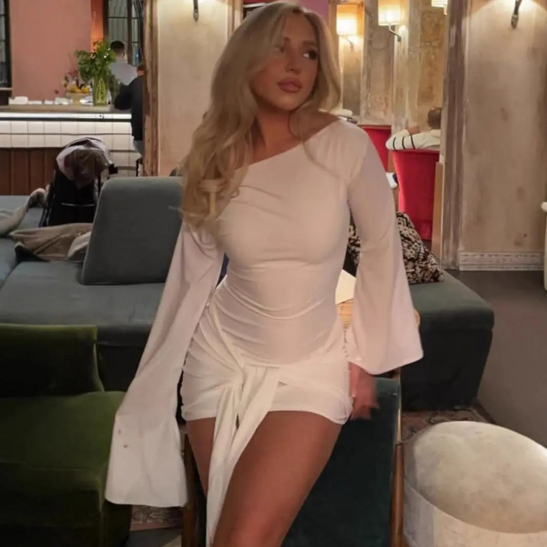 Autumn Winter Graceful Fashionable Solid Color Women Shoulder Waist Controlled Lace up Sheath Dress Bella Mia