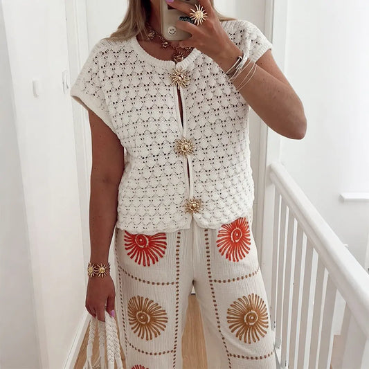 Simple Vacation Short Sleeve Hollow Out Cutout T shirt Wool Women Clothing Autumn Winter Bella Mia