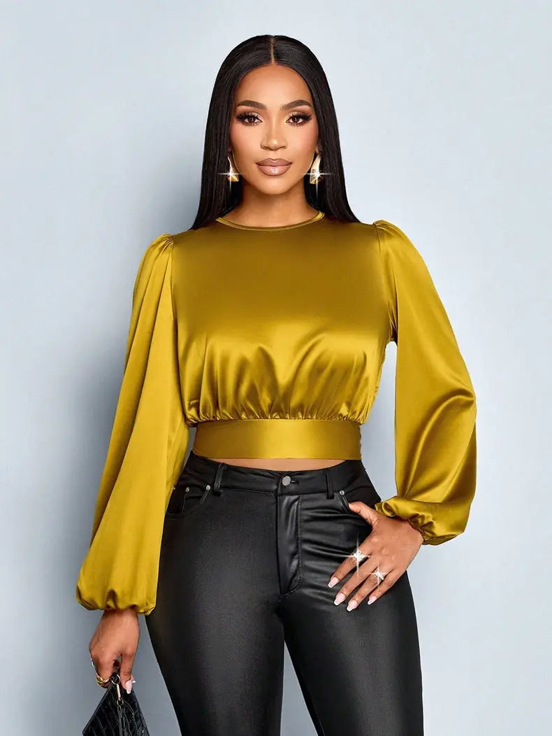 Leopard Print Satin Cropped Blouse Women Backless Sexy Ruched Tie Top Bella Mia