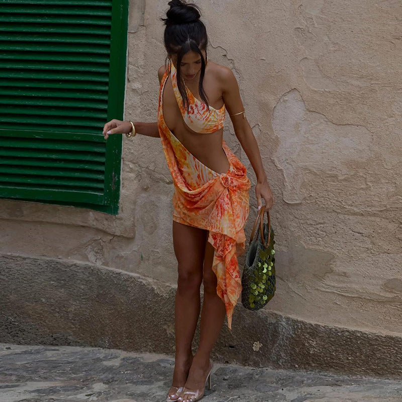 Spring Summer Women Clothing Sexy Oblique Shoulder Hollow Out Cutout Printing Color Contrast Backless Sheath Dress