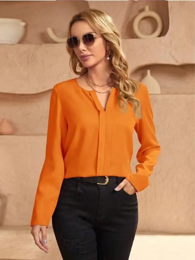 Elegant Satin Blouse For Women Spring Fall Loose Fit V Neck Long Sleeve Bella Mia