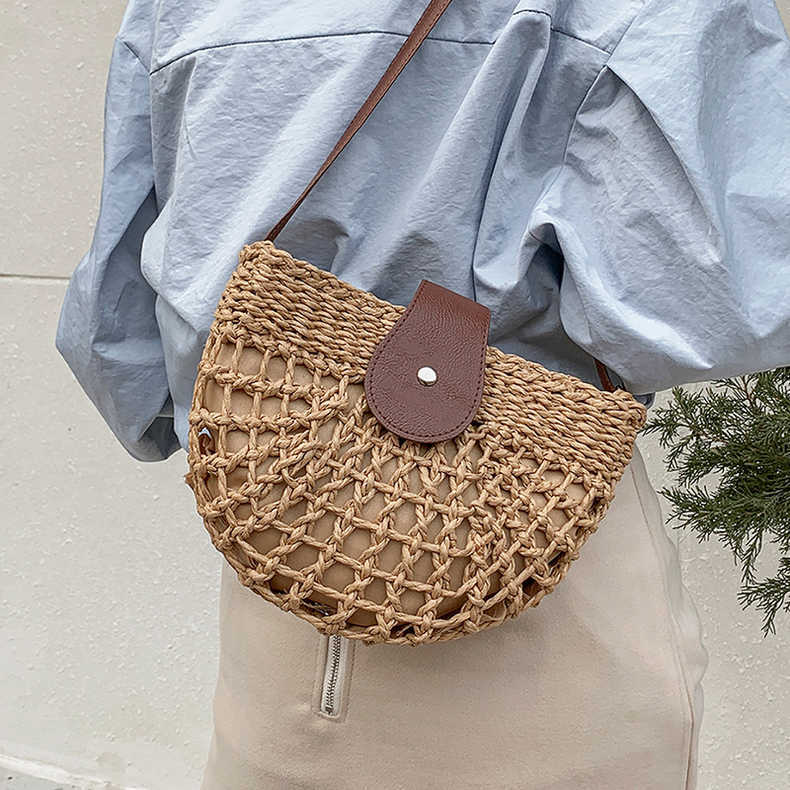 Fresh Hollow Out Cutout Semicircle Straw Bag Crossbody Shoulder Beach Woven Bella Mia