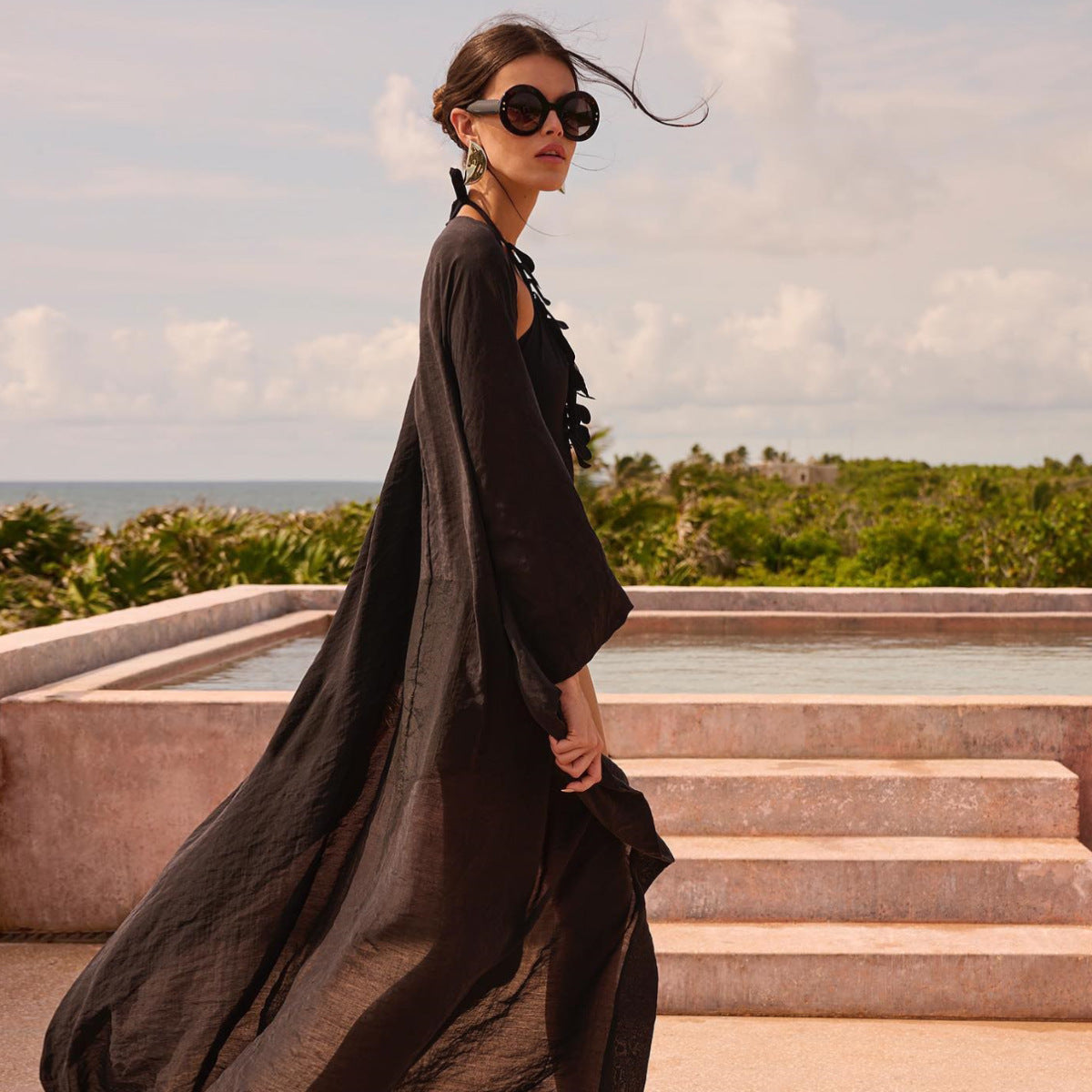 Pure Black One Piece Swimsuit Women Overall Two Piece Set Lace up Deep V Plunge Sexy Swimsuit Bella Mia