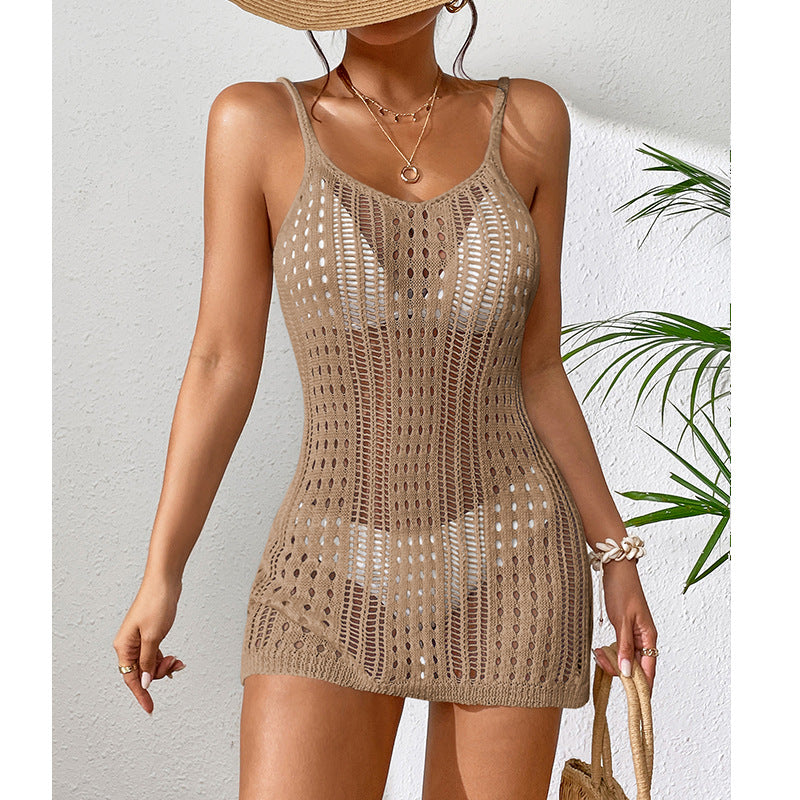 Women Clothing Short Knitted Texture Hollow Out Cutout Out See Through Camisole Sexy Short Dress Knitted Beach Dress Crochet hook Bella Mia
