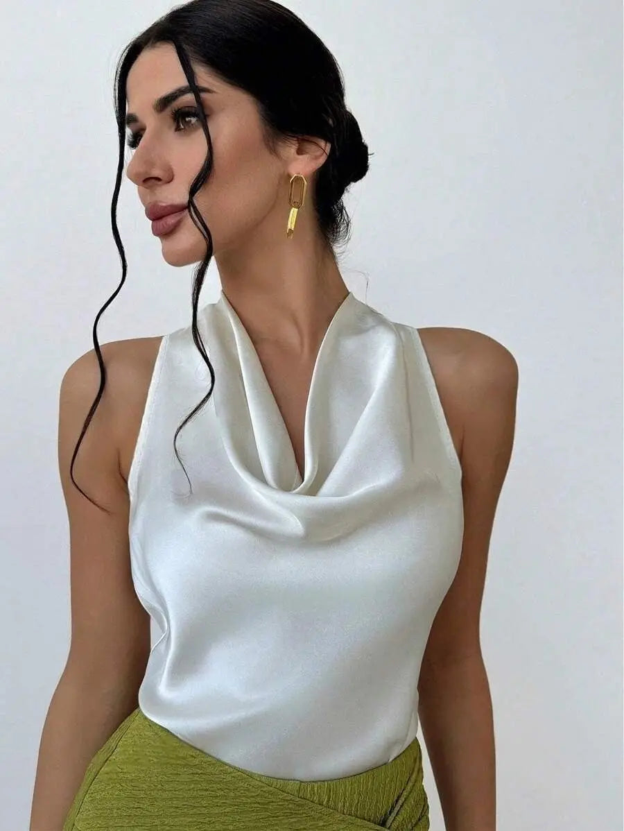 Elegant Satin Halter Tank Top Sleeveless With Cowl Neck And Tie Detail Bella Mia