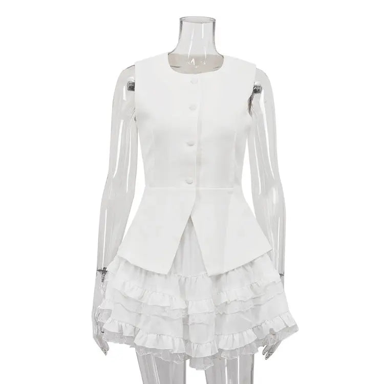 Casual Skirt Outfit Women High Grade Sleeveless Vest Waistcoat Top High Waist Bubble Skirt Two Piece Sets Bella Mia