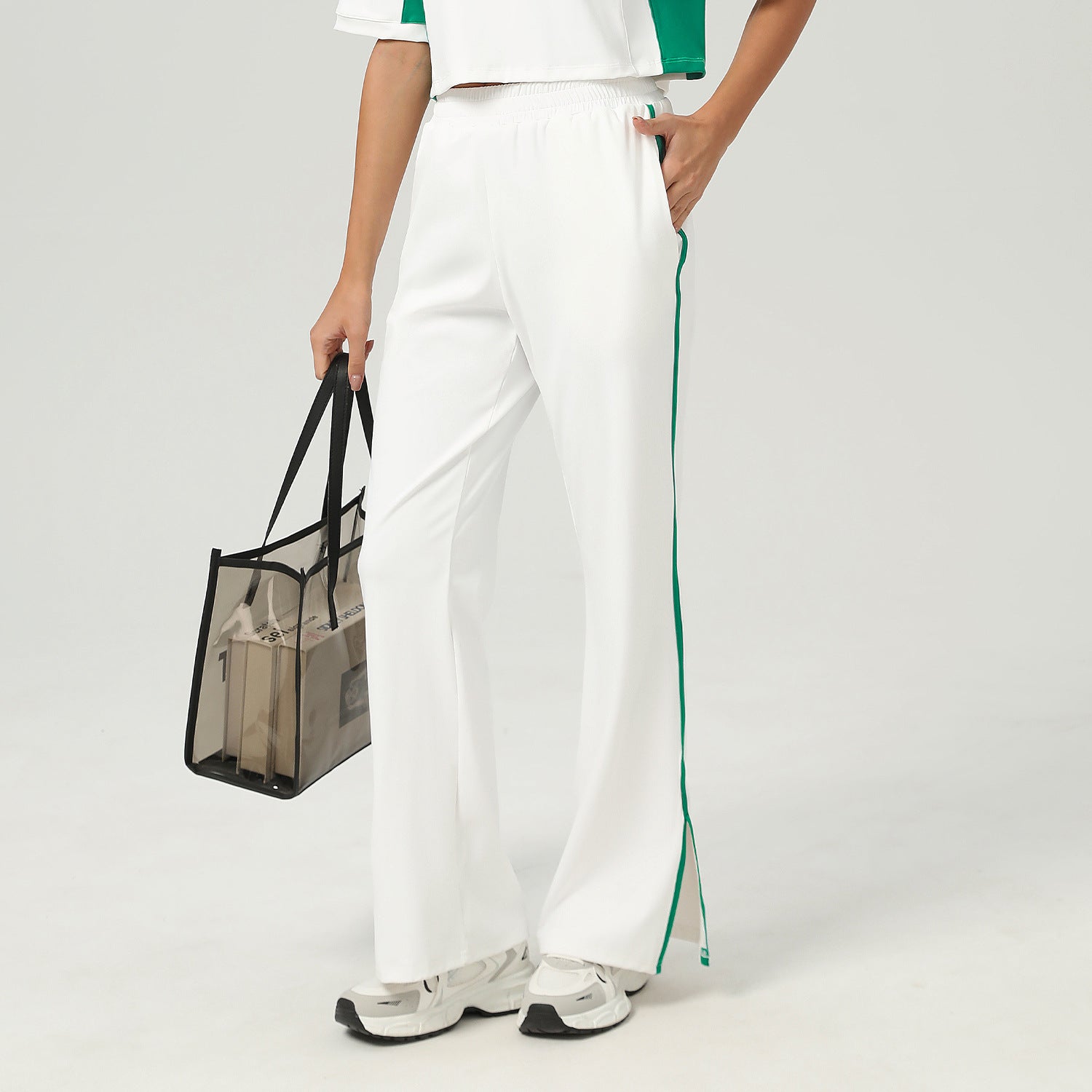 High Waist Loose Sports Wide Leg Pants Pocket Straight Casual Pants Outer Wear Contrast Color Yoga Bell Bottom Pants