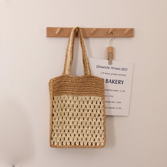 Color Matching Hollow Out Cutout out Crochet Shoulder Straw Bag Special Interest Design Hand Woven Bag Seaside Vacation Beach Bag Bella Mia