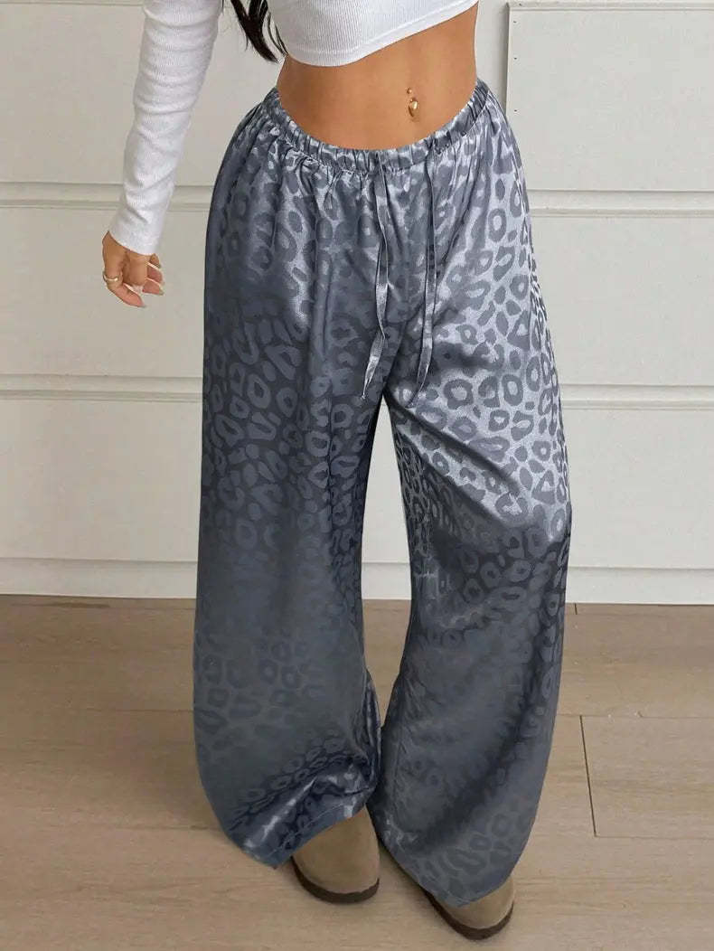Women Clothing Autumn Satin Casual Pants Drawstring Leopard Print Mop Wide Leg Pants Long Pants Bella Mia