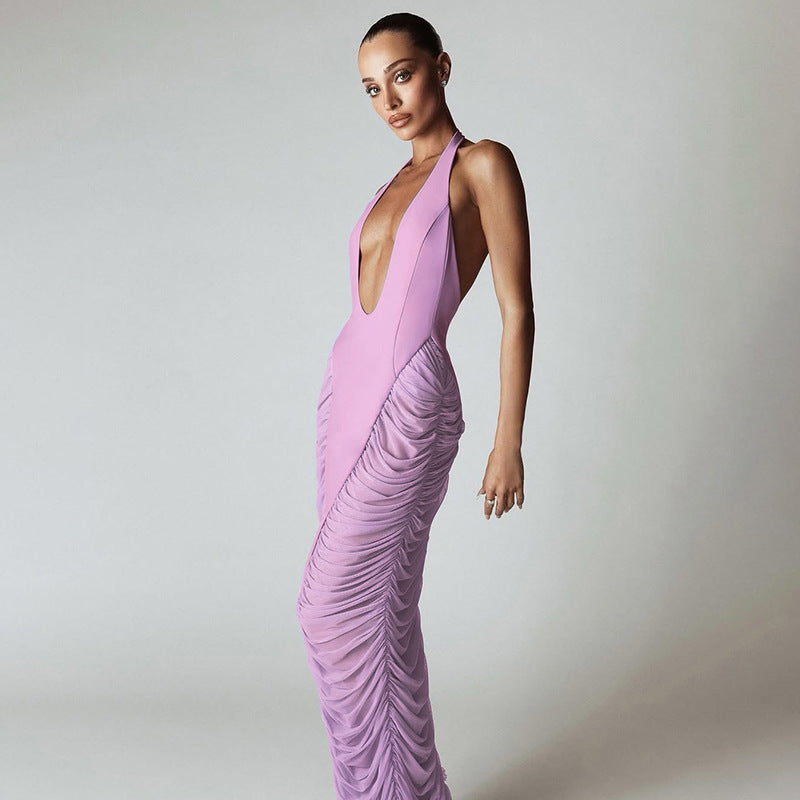 Summer Women Clothing Sexy Deep V Plunge neck Halter Stitching Mesh High Waist Dress Bella Mia