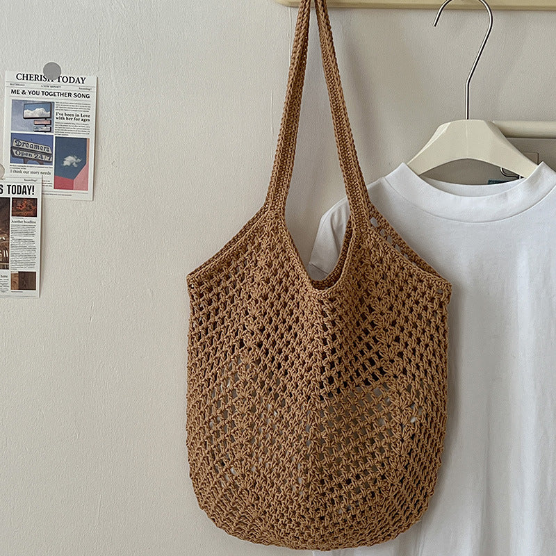 Casual Large Capacity Cotton Thread Woven Bag Hollow Out Cutout Straw Bag Idle Shoulder Bag Vacation Beach Bag Women Bag Bella Mia