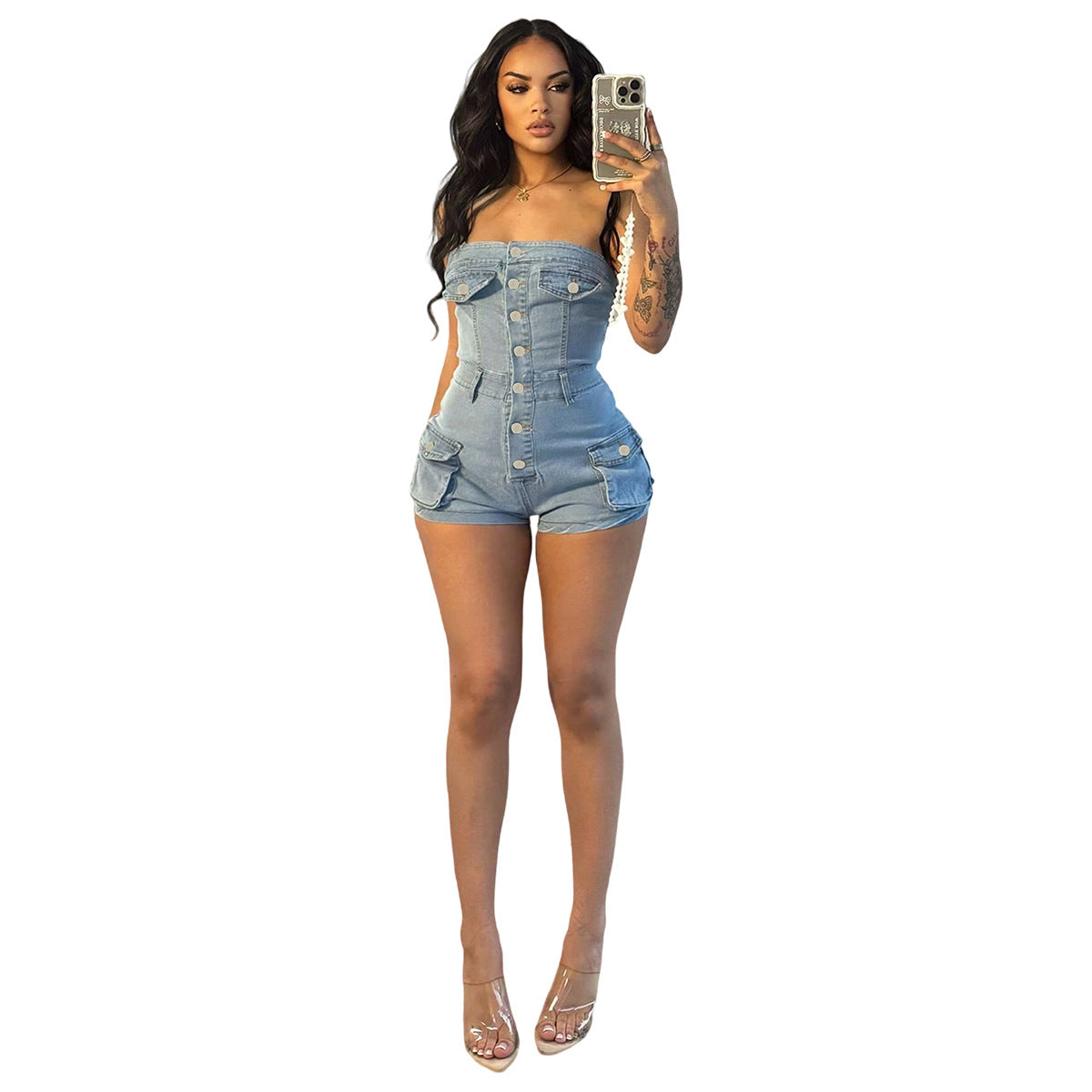 Supply Women Clothing Summer Tube Top Stretch Denim Jumpsuit