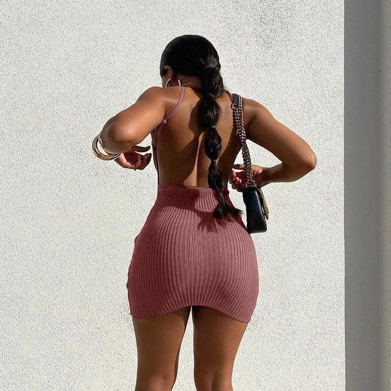 Women Clothing Solid Color Waist Tight Slimming Knitted Sleeveless Sheath Dress Bella Mia