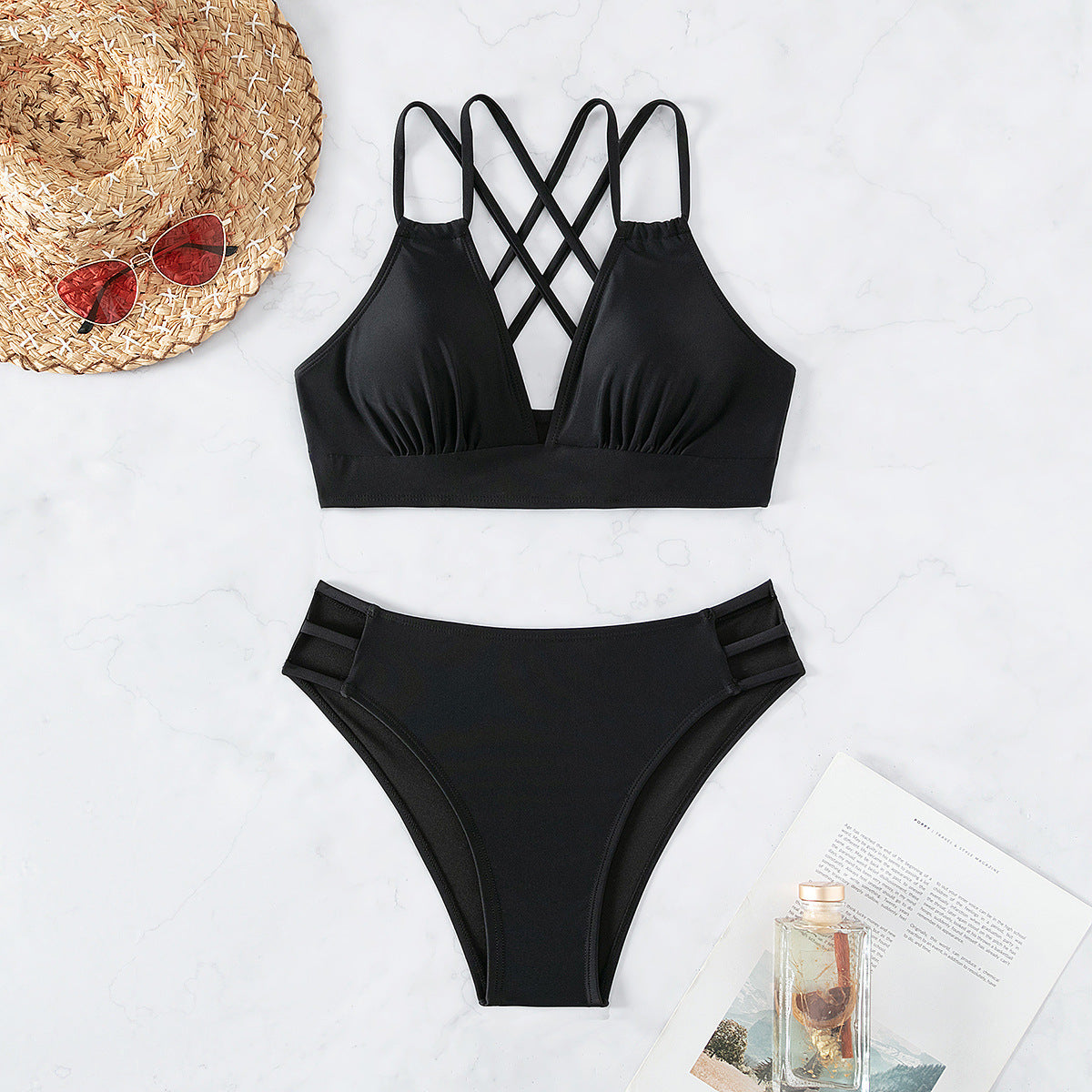 Bikini Solid Color V neck Backless Sexy Bikini Split Swimsuit Swimwear Bella Mia