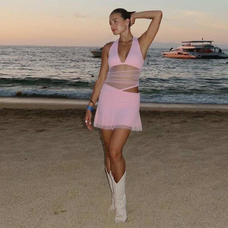 Women Clothing Sexy Deep V Plunge Stitching Mesh Hollow Out Cutout Hip Wrapped Short Halter Dress