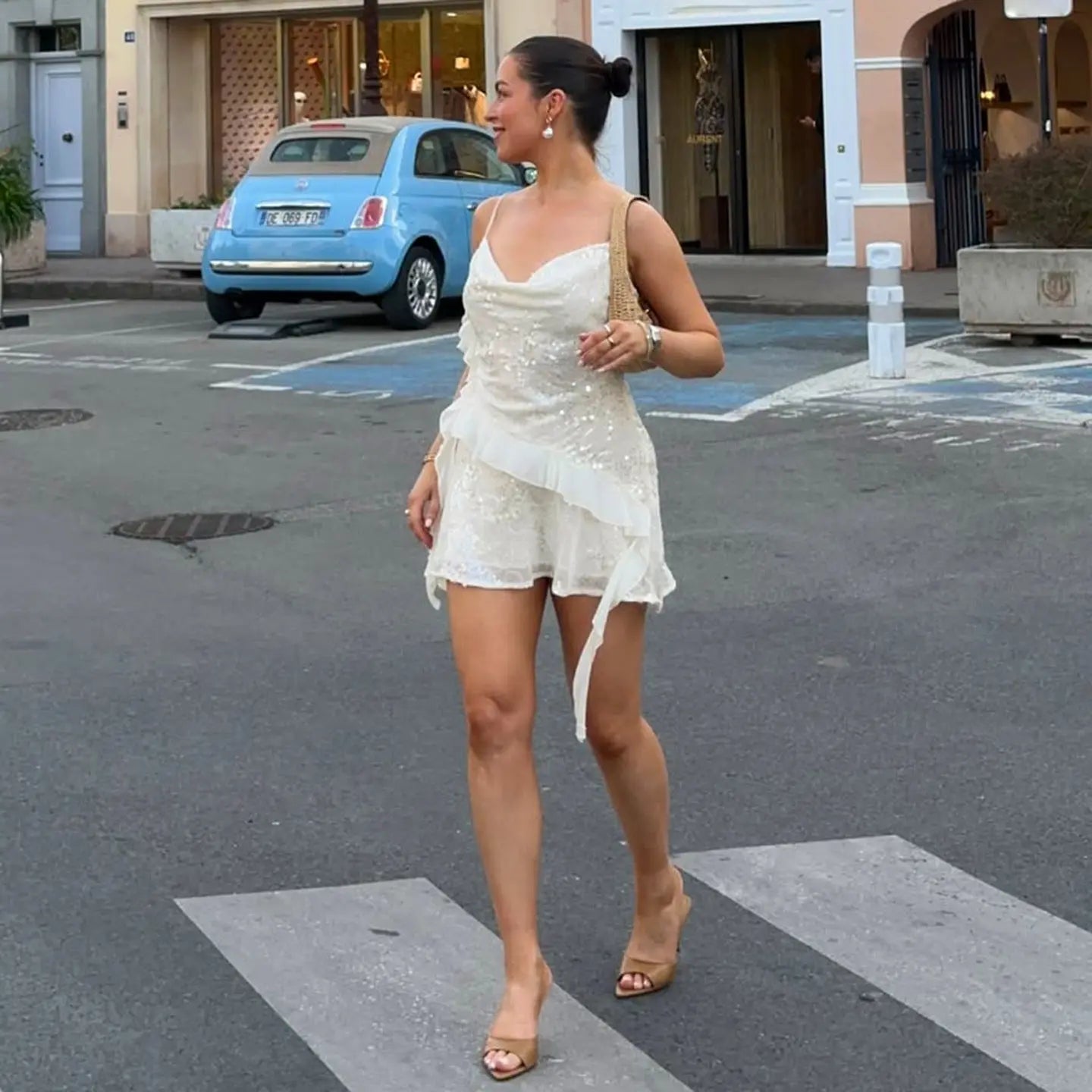 Elegant Party Sexy Special Sequ Swing Collar Irregular Asymmetric Hem Pleated Dress Short for Women Bella Mia