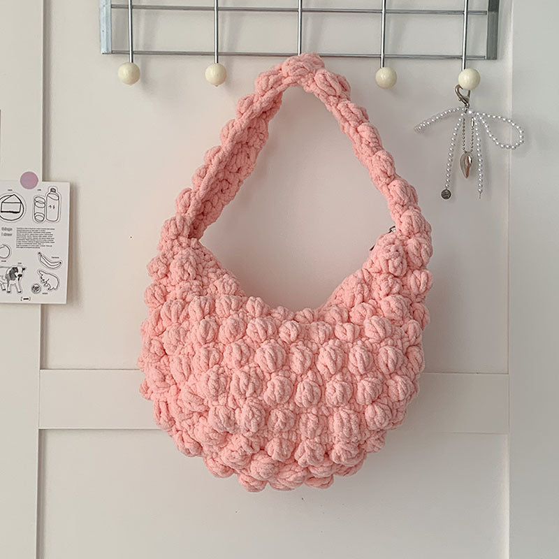 Cute Portable Beanie Straw Bag Handmade Crocheted Solid Color Hand Carrying Woven Bag Women Seaside Vacation Beach Bag Bella Mia