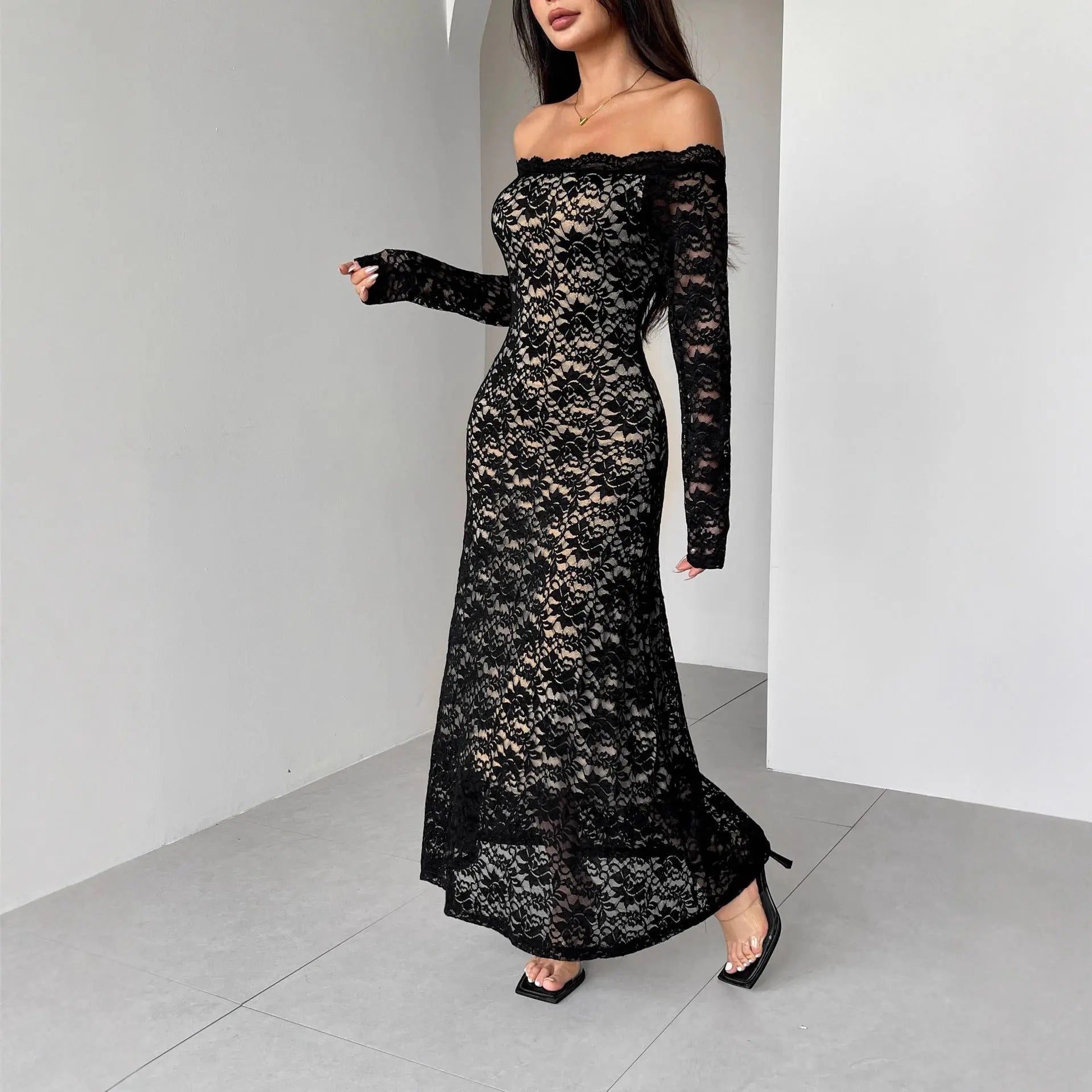 Autumn Winter Long Sleeve Lace off Neck Slim Slimming Maxi Dress Women Bella Mia