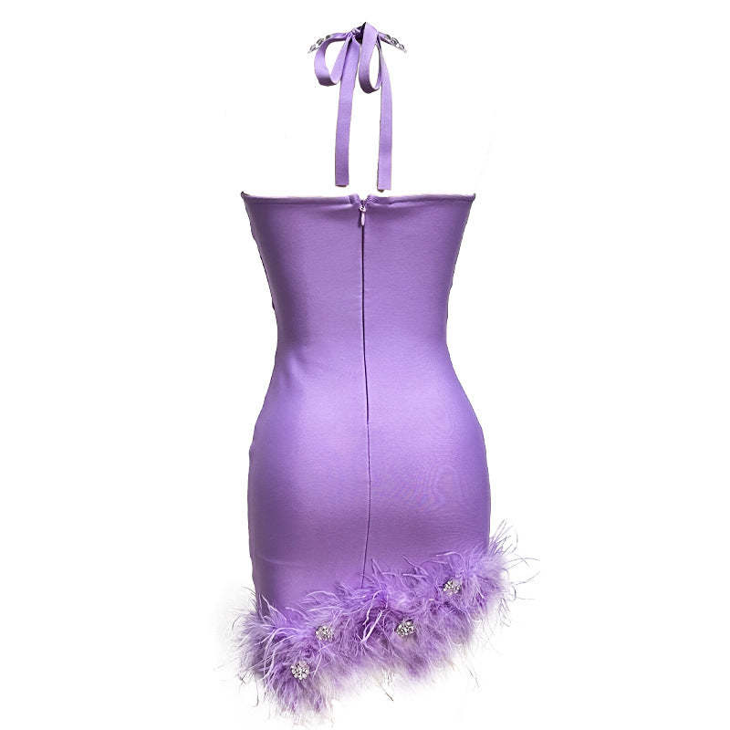 Sexy Halter Diamond Feather Stretch Bandage One Piece Dress Party Dress Bella Mia