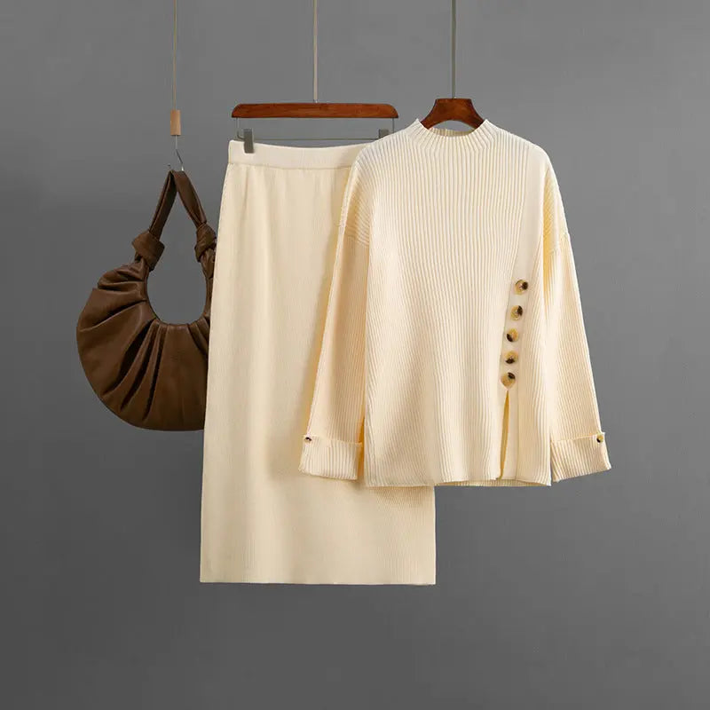 Women Two Piece Jersey Sweater Skirt Set With Side Slit Button Decoration Bella Mia