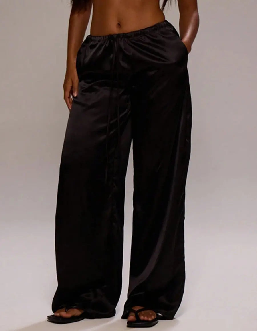 Women Clothing Trendy Autumn Satin Satin Casual Pants Loose Wide Leg Drawstring Long Pants Bella Mia
