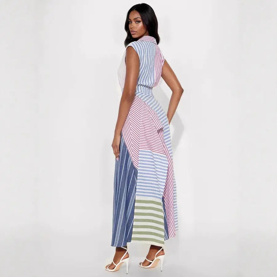 Women V Neck Maxi Dress Patchwork Stripes A Line Cinched Waist Sleeveless Bella Mia