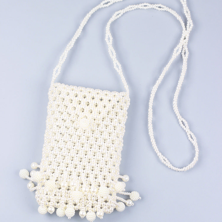 Hand Woven Beads Ethnic Retro Hollow Out Cutout Triangle Buckle Pearl Acrylic Waxberry Tassel Crossbody Phone Bag