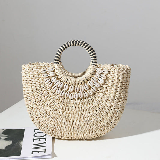 Retro Straw Bag Portable Semicircle Shell Handmade Straw Bag Woven Bag Women Seaside Vacation Beach Bag Bella Mia