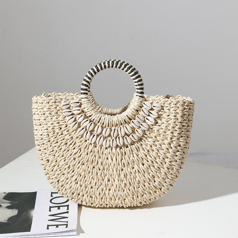Retro Straw Bag Portable Semicircle Shell Handmade Straw Bag Woven Bag Women Seaside Vacation Beach Bag Bella Mia