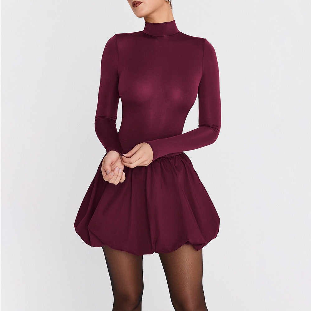 Elegant Slim Fit Women Dress Sexy Turtleneck Long Sleeved Tight Waist Pleated A line Dress Bella Mia