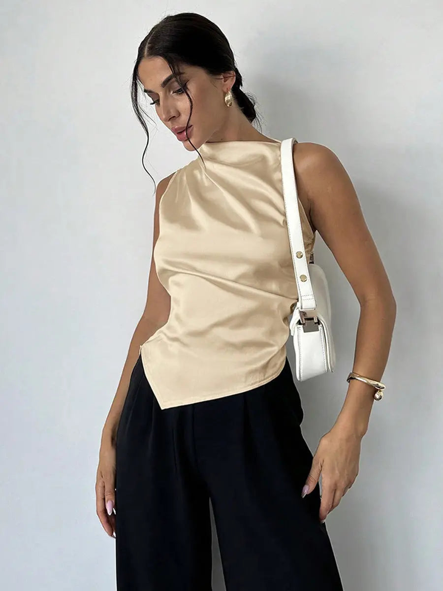Summer Women Clothing Summer Satin Shirt Women Simple Sleeveless Satin Artificial Silk Shirt Top Bella Mia