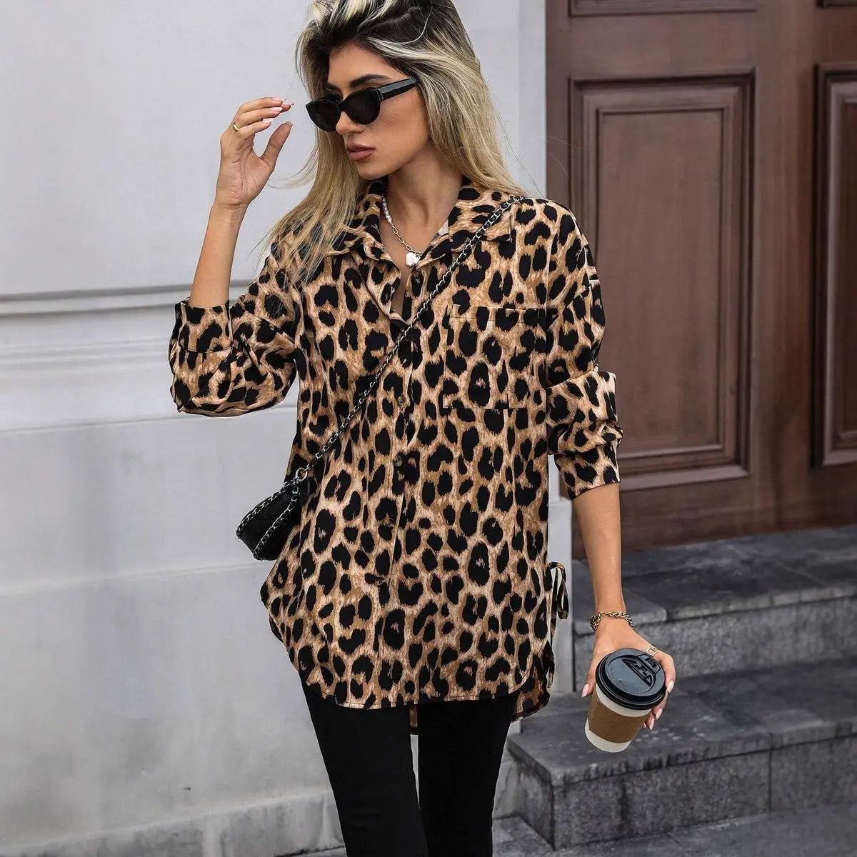 Women Autumn Satin Leopard Print Shirt Printed Long Sleeve Long Shirt Bella Mia