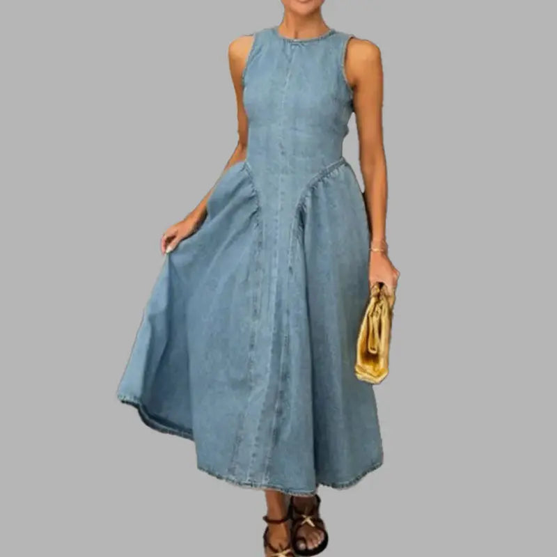 Summer Solid Color round Neck Mid Length Cinched Sleeveless Vest Dress Women Bella Mia