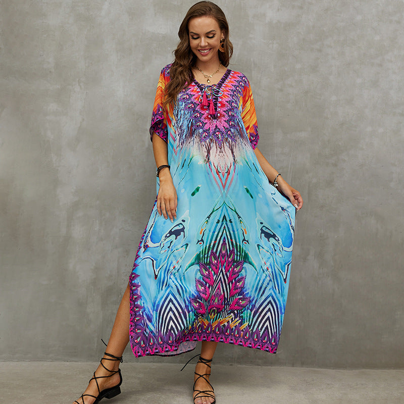 Rope Positioning Maxi Dress Loose Robe Seaside Vacation Beach Dress Bikini Swimsuit Blouse Women Bella Mia