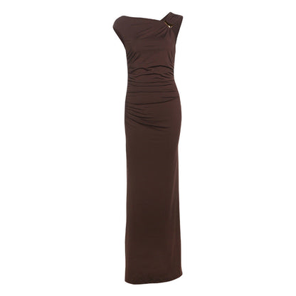 Spring Summer Women Sexy Diagonal Collar High Waist Figure Flattering Sheath Solid Color Dress