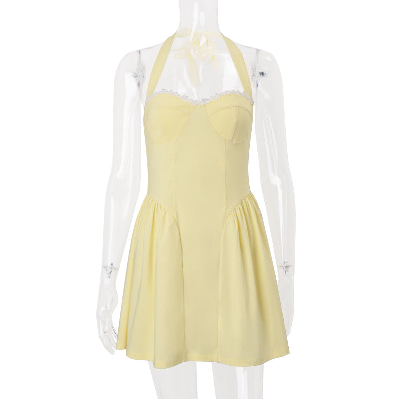 Women Clothing Summer Sexy Square Collar Elegant Backless Solid Color Halter Waist Dress Bella Mia