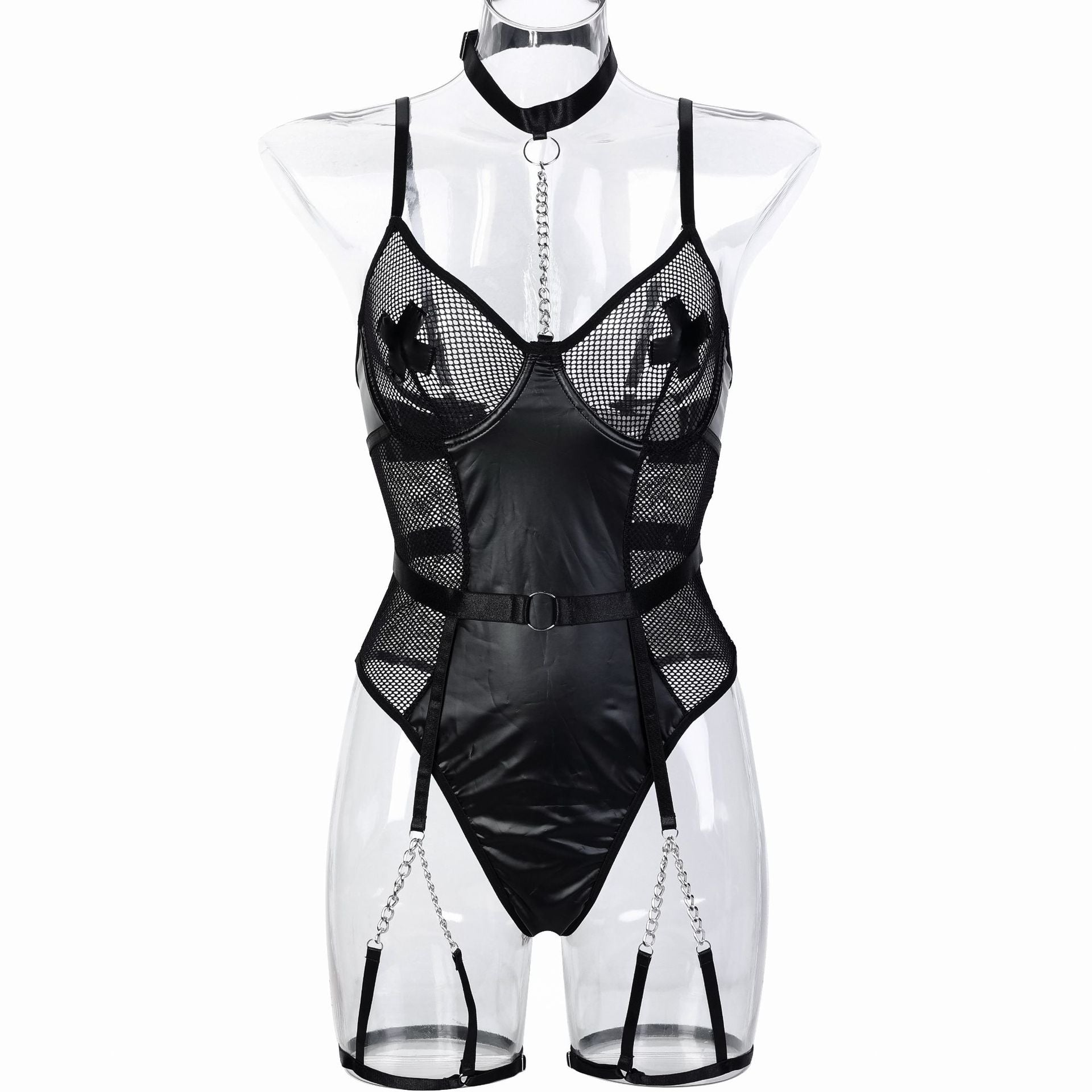 Motorcycle Faux Leather Paint Leather Stitching Mesh Hollow Out Cutout Perspective Cross Stickers Heavy Metal Chain Sexy Jumpsuit