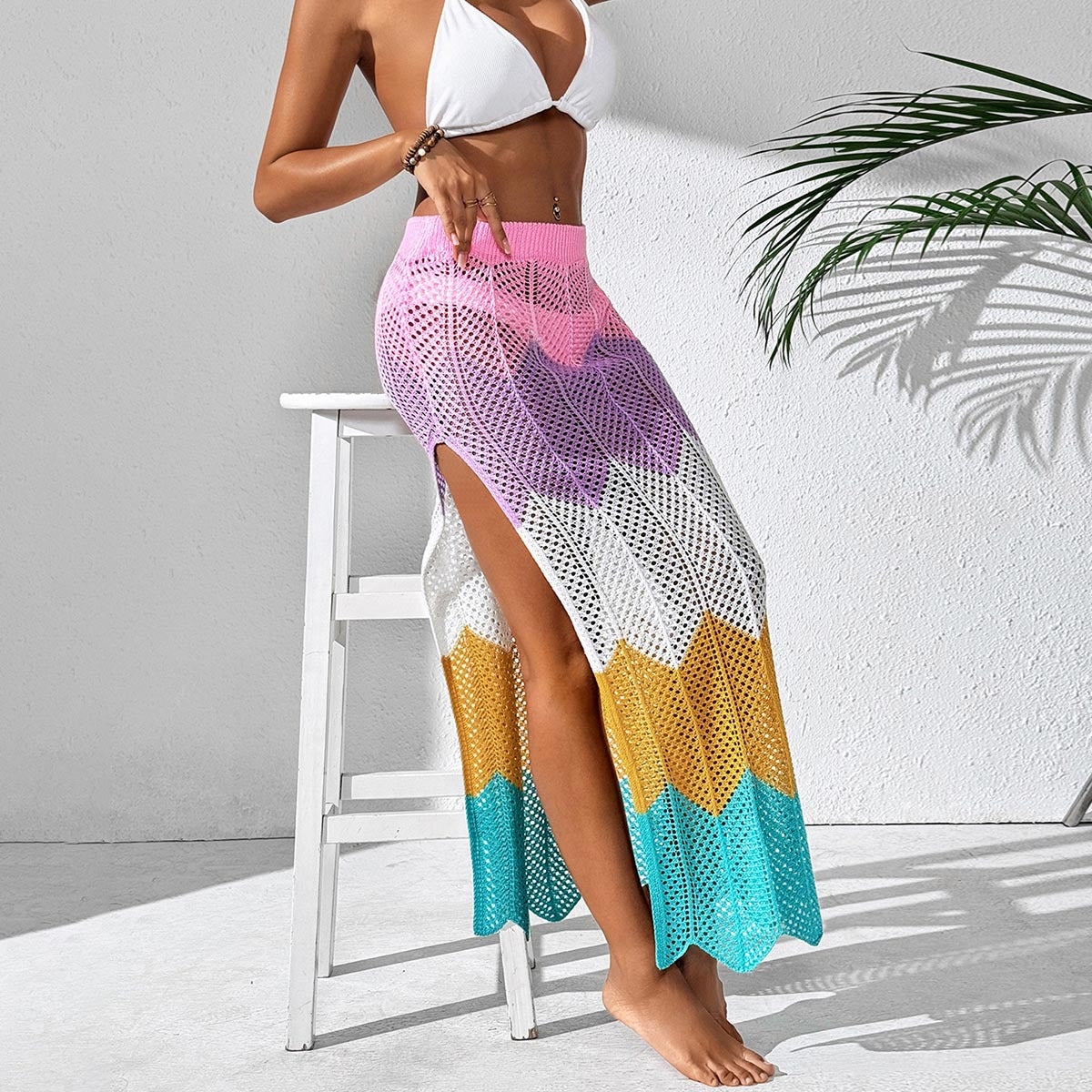 Women Beach Dress Women Clothing Color Contrast Patchwork Wave Pattern Sexy Slit Skirt Bella Mia
